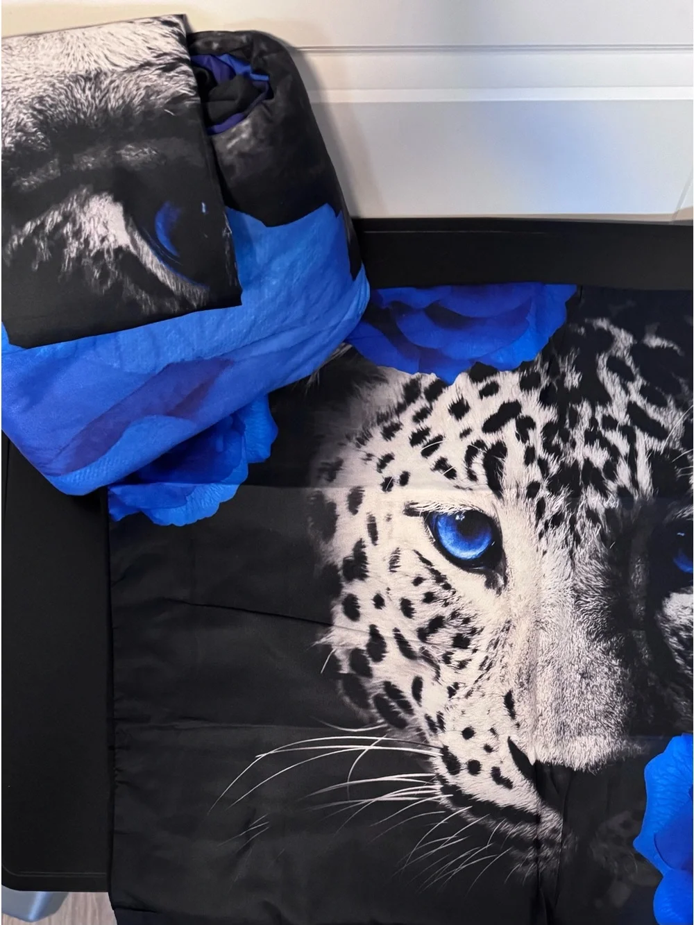 Black & Blue Leopard Rose  Duvet Cover - Dramatic Floral Animal Print: Queen sz